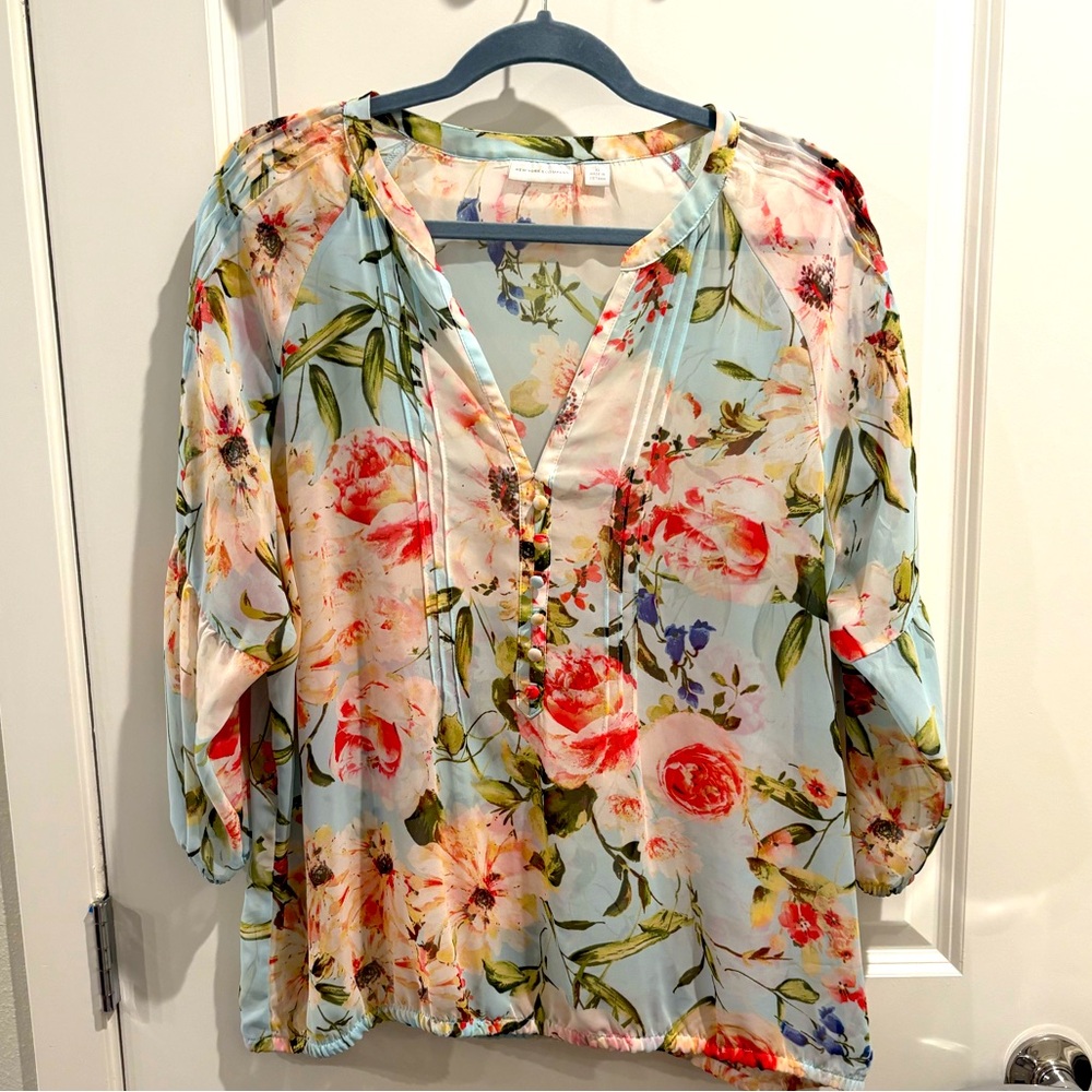 New York & Company Blue Green Pleated 3/4 Sleeve Blouse